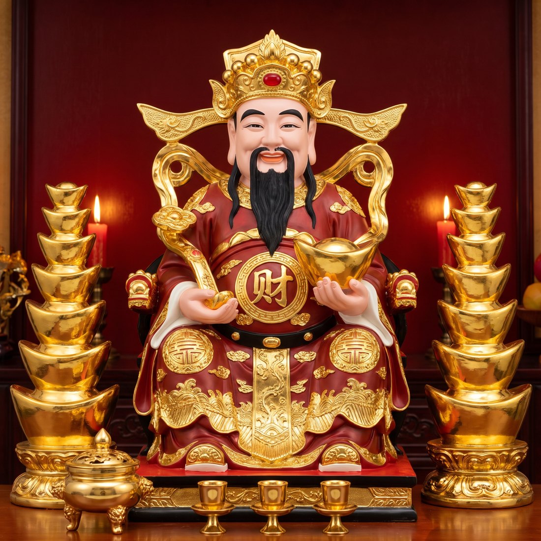 Caishen seated on his altar, holding a gold ingot, flanked by towers of yuanbao